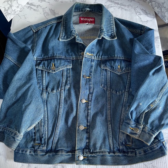 VTG Wrangler Hero Jacket Mens Size Large Blue Denim Chore Barn Work Trucker EUC